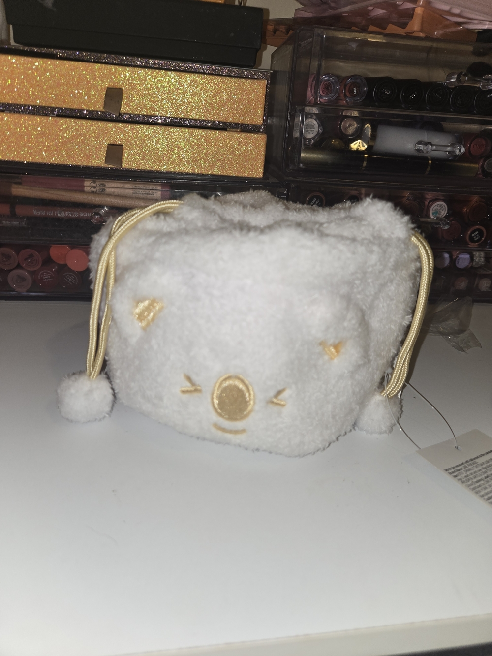 Bt21 Koya White Plush Drawstring Pouch
